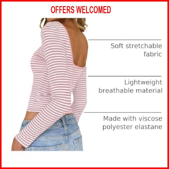 Striped Backless Crop Top Long Sleeve Blouse Y2K Boat Neck - Picture 5 of 8